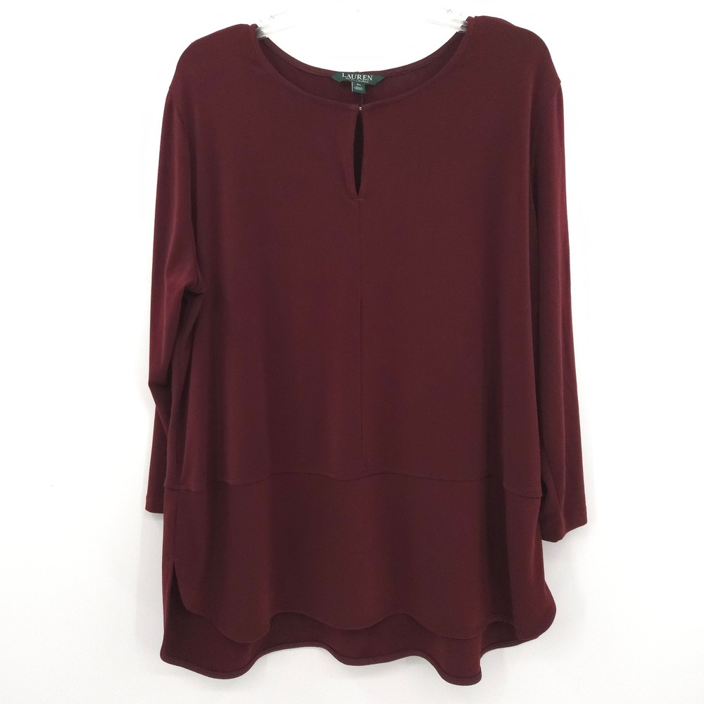 Lauren Ralph Lauren Tunic Blouse Womens 2X Burgundy Keyhole Tiered Hem